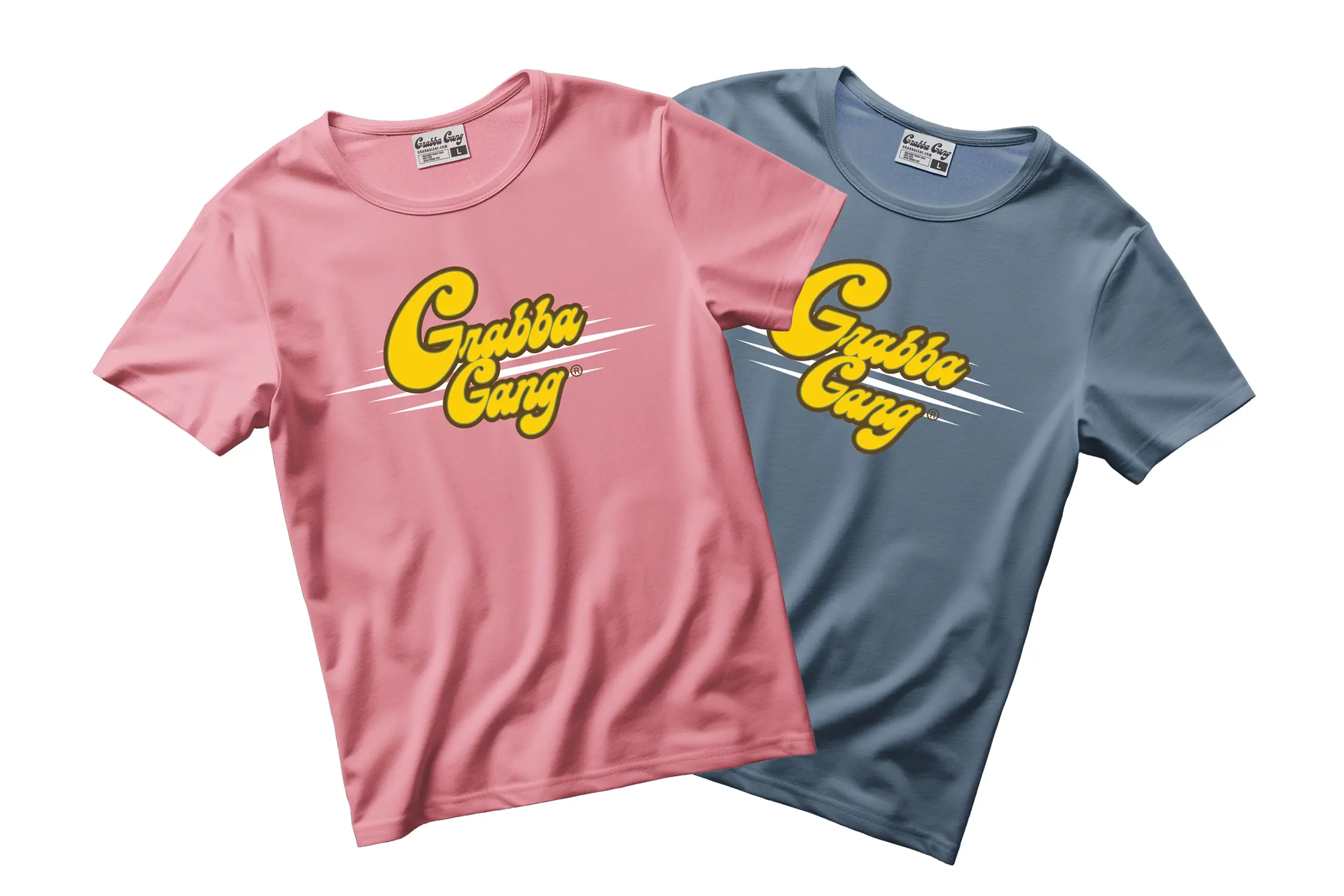 Grabba Gang T-Shirts in Blue and Pink featuring a relaxed fit and crew neck.